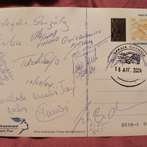 Postcard with original signatures of Olympians “Athens 2004"