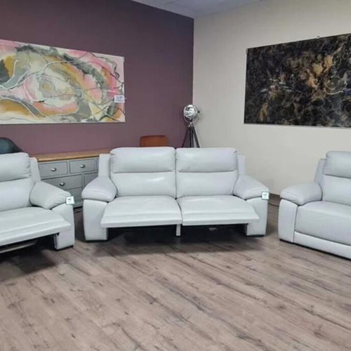Italian gray leather sofa set Moreno three-seater and two armchairs new
