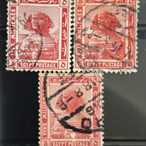 Egyptian stamps used, 1914 Great Sphinx of Giza, 3 sealed 5 Milliemes