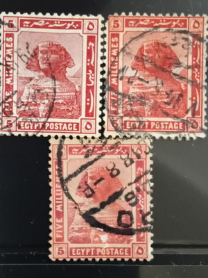Egyptian stamps used, 1914 Great Sphinx of Giza, 3 sealed 5 Milliemes