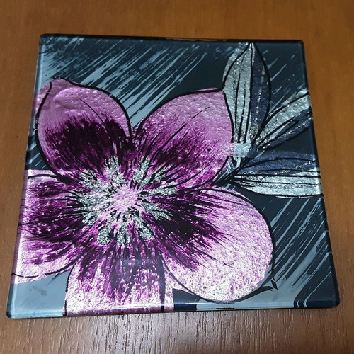 Glass coasters used, set of 4, butterfly and flower designs