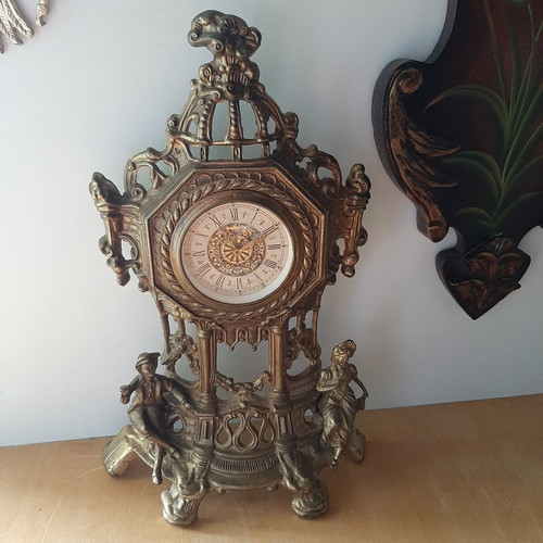 German brass clock baroque style used, 50-60s, large 40cm