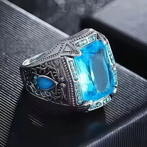 Men's ring with blue zircon new, silver plating, vintage style