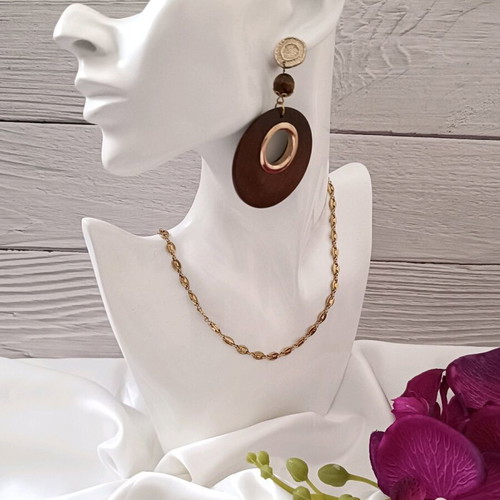 Boho wooden large earrings with tiger eye