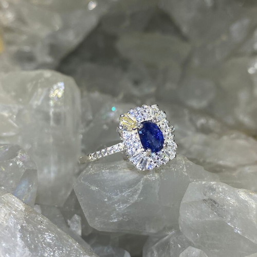 Handmade silver ring with natural blue sapphire and moissanites size 9
