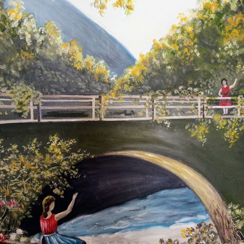 Original oil painting landscape with bridge by Chrysoula Bala, like new