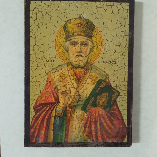 Wooden Saint Nicholas Icon used, vintage style with crackle effect