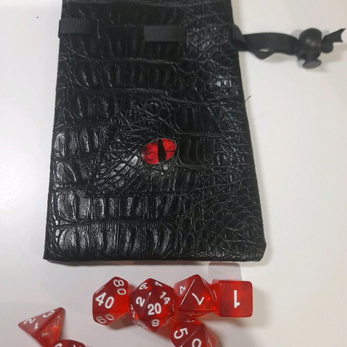 Dragon dice pouch with DnD dice and leather dice case