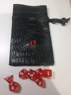 Dragon dice pouch with DnD dice and leather dice case