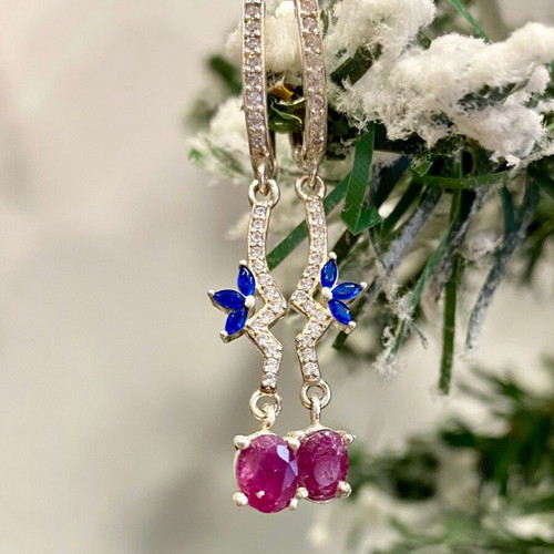 Handmade silver earrings with natural ruby, sapphire and moissanite