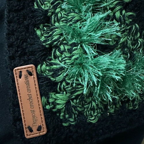 Handmade knitted scarf new with granny squares in black and green