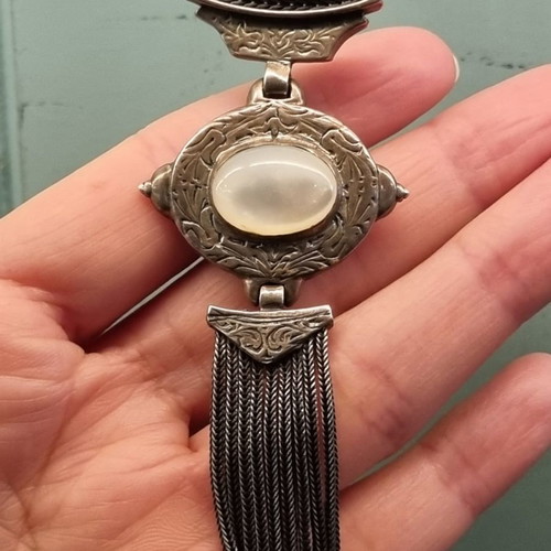 Traditional Gianniotiko Silver Necklace with Oval Motif and Tassels