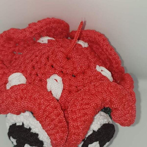 Handmade crocheted frog face doll with red hat new