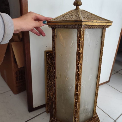 Vintage wall lamp with carved glass and golden metal frame like new