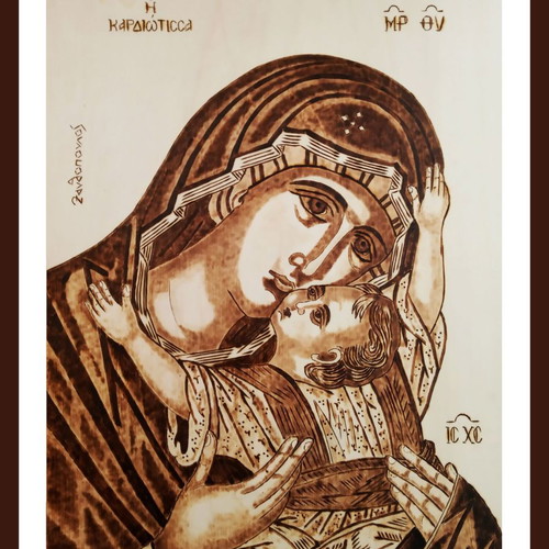Pyrography painting The Virgin Mary Kardiótissa new on linden wood