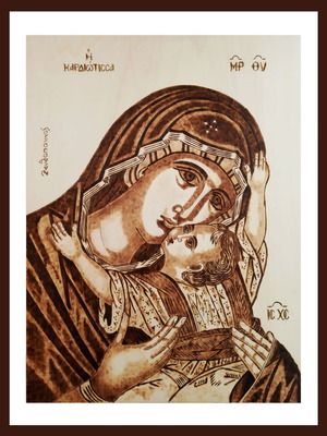 Pyrography painting The Virgin Mary Kardiótissa new on linden wood