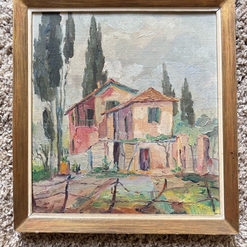 Oil painting used Mediterranean landscape Tuscany with wooden frame