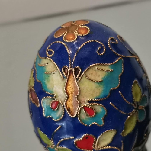 Cloisonne egg used, vintage blue with butterflies on wooden base