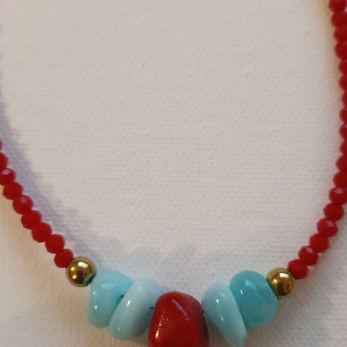 Necklace 8023 new, handmade, red and turquoise