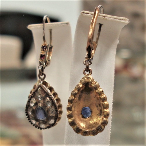 Victorian gold earrings 9 carat like new with diamonds, sapphires and rubies