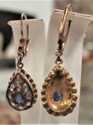 Victorian gold earrings 9 carat like new with diamonds, sapphires and rubies