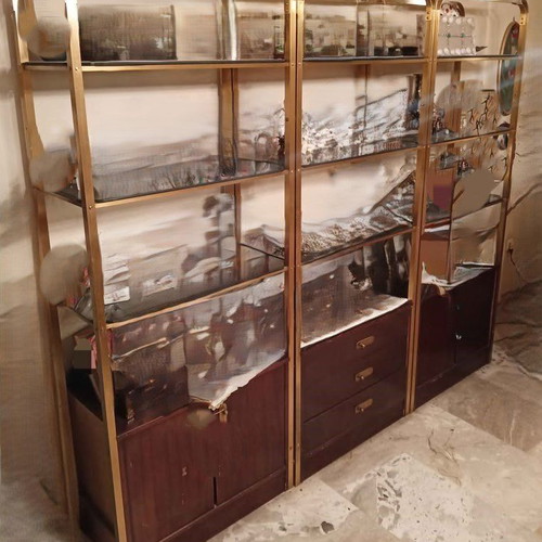 Vintage triple living room unit with bronze and double smoked glass used