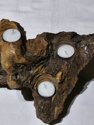 Wooden olive candle holder with 3 slots, new, polished