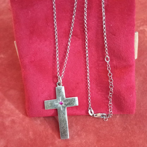 Silver cross necklace 925 with synthetic ruby used, old Russian