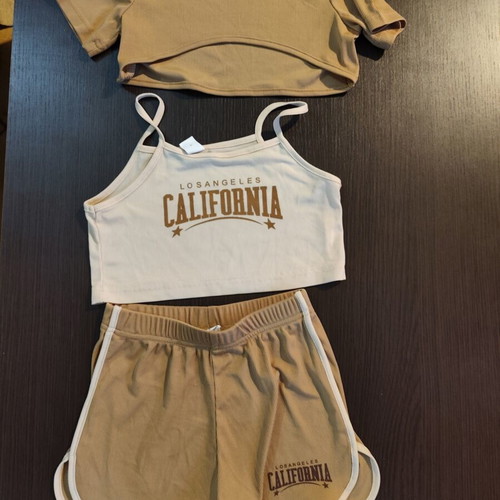 California kids' set crop top and shorts used, beige and brown, 6 years