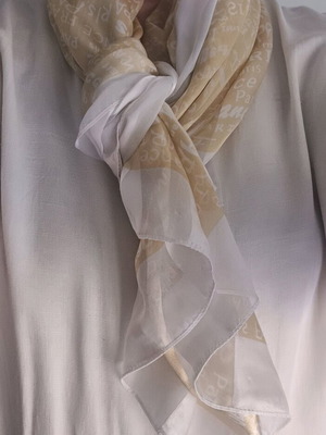Square scarf like new, gold/cream, 1m x 1m with printed words