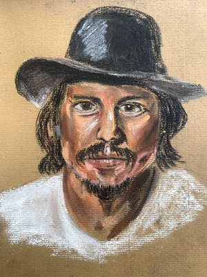 Portrait painting of a man pastel on cardboard used