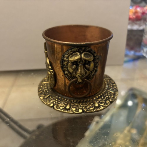 Vintage copper and bronze desk set with pencil holder, matchbox holder, ashtray