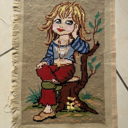 Handmade textile painting used, framed 0.44x0.22 m