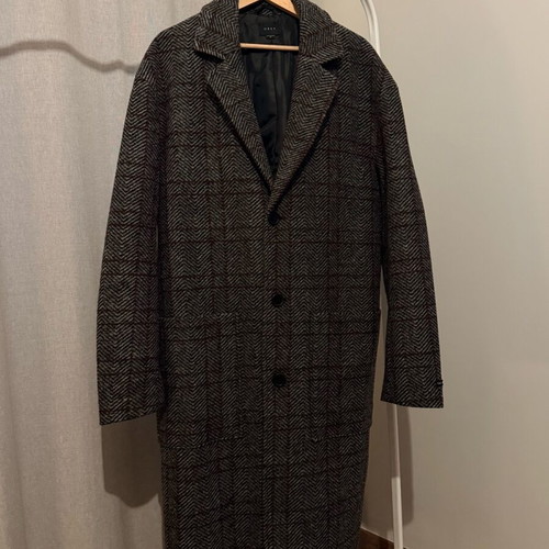 Obey Herringbone Check Overcoat like new, grey and red