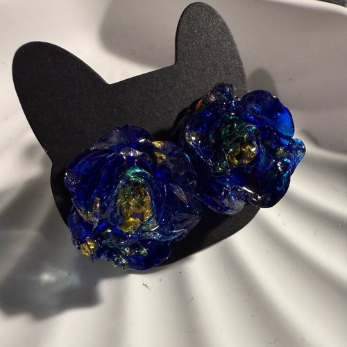 Blue gold rose earrings new handmade