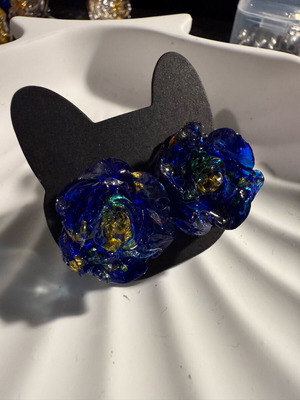 Blue gold rose earrings new handmade