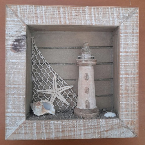 Wooden creation with lighthouse new, frame with depth 23×23 cm