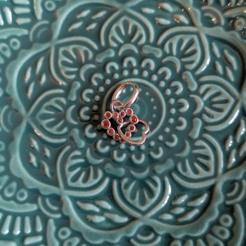 Charm double hanging heart with orange stones, new, S925 silver