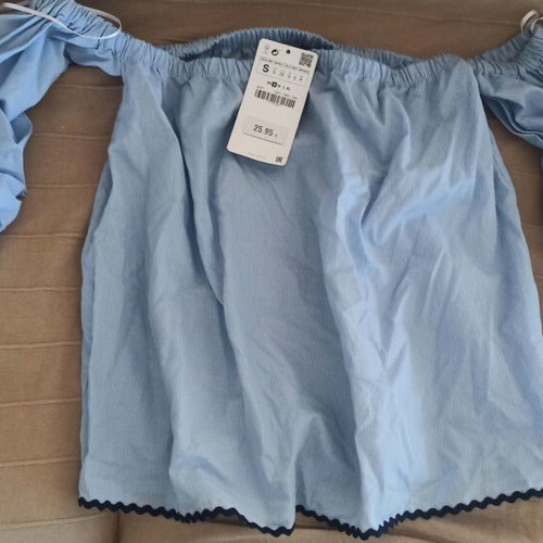 Zara blouse new, puff sleeve off the shoulder, size S, blue