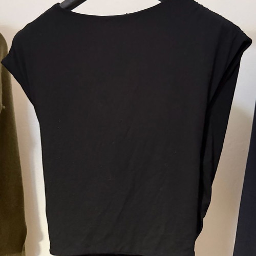 Women's black blouse with draped neckline and pleats used, size S