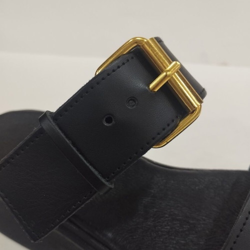 Black leather platform sandal with gold buckle, size 38