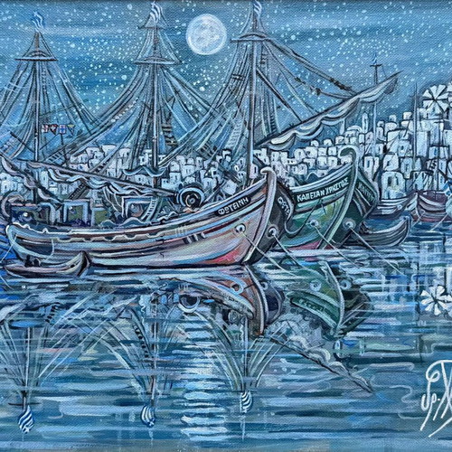 Acrylic painting Kaikia at the harbor under moonlight by Grigoris Christidis