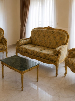 Sofa armchair set with marble table used, gold leaf frame