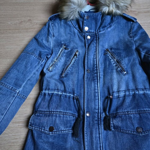 Denim jacket with sherpa parka and hood like new, blue