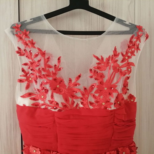 Elegant long red evening dress with floral embroidery and beads, size M