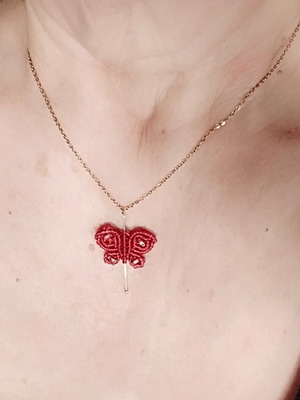 Steel butterfly macrame necklace made to order, red and gold