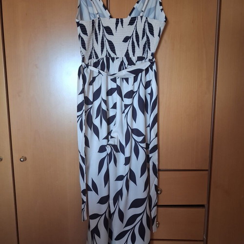 Jumpsuit new, white with large black leaf pattern, adjustable straps