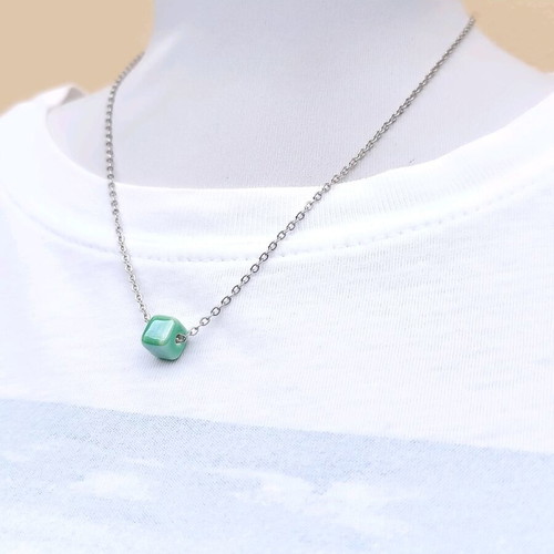 Steel chain necklace with light green ceramic cube bead pendant