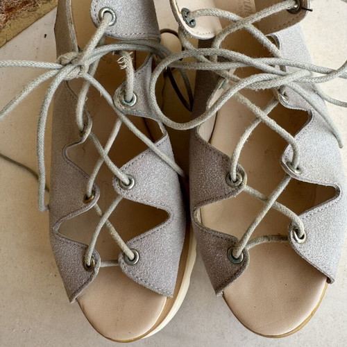 Flatform sandals lace up used, grey beige suede, size 39, 9 cm heel