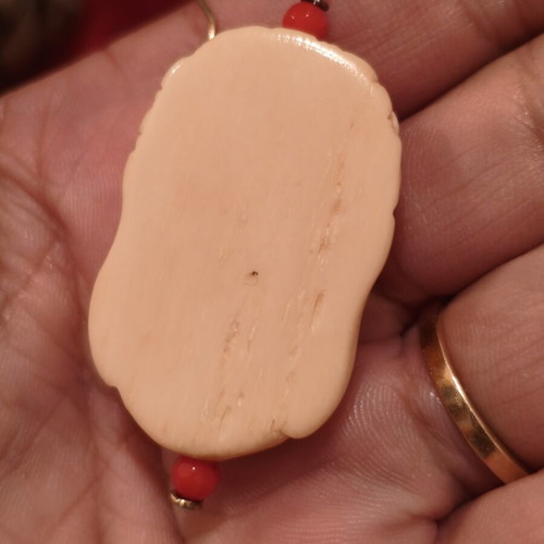 Vintage Laughing Buddha earrings, cream with red beads